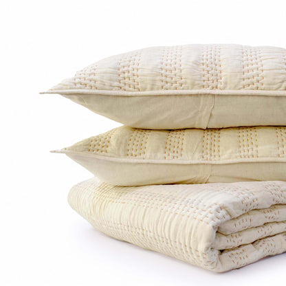 Beige Linen Quilted Bed Set | Stripe Pattern Hand Quilted | Twin, Queen & King Sizes