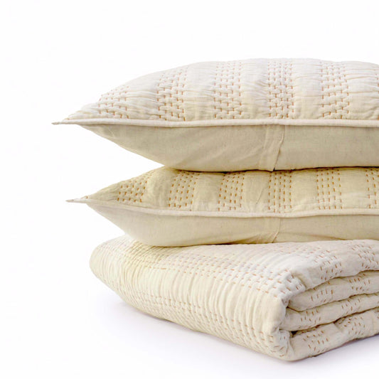 Beige Linen Quilted Bed Set | Stripe Pattern Hand Quilted | Twin, Queen & King Sizes