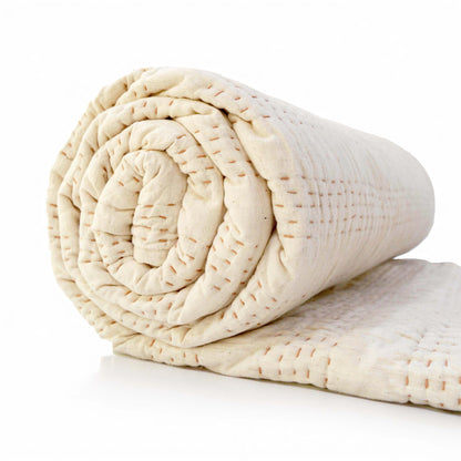 Beige Cotton Linen Stripe Quilted Bedspread – Twin, Queen & King Sizes