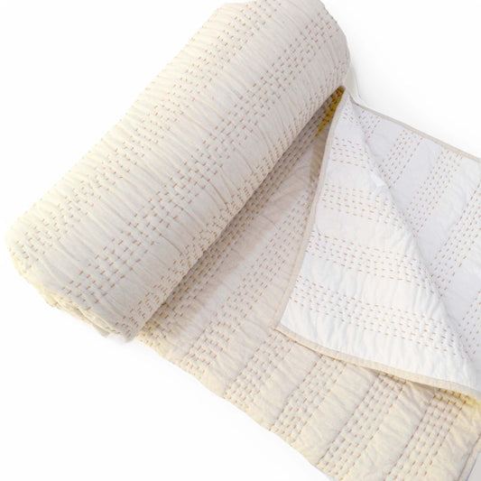 Beige Cotton Linen Stripe Quilted Bedspread – Twin, Queen & King Sizes