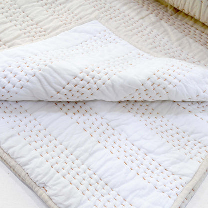 Beige Linen Quilted Bed Set | Stripe Pattern Hand Quilted | Twin, Queen & King Sizes