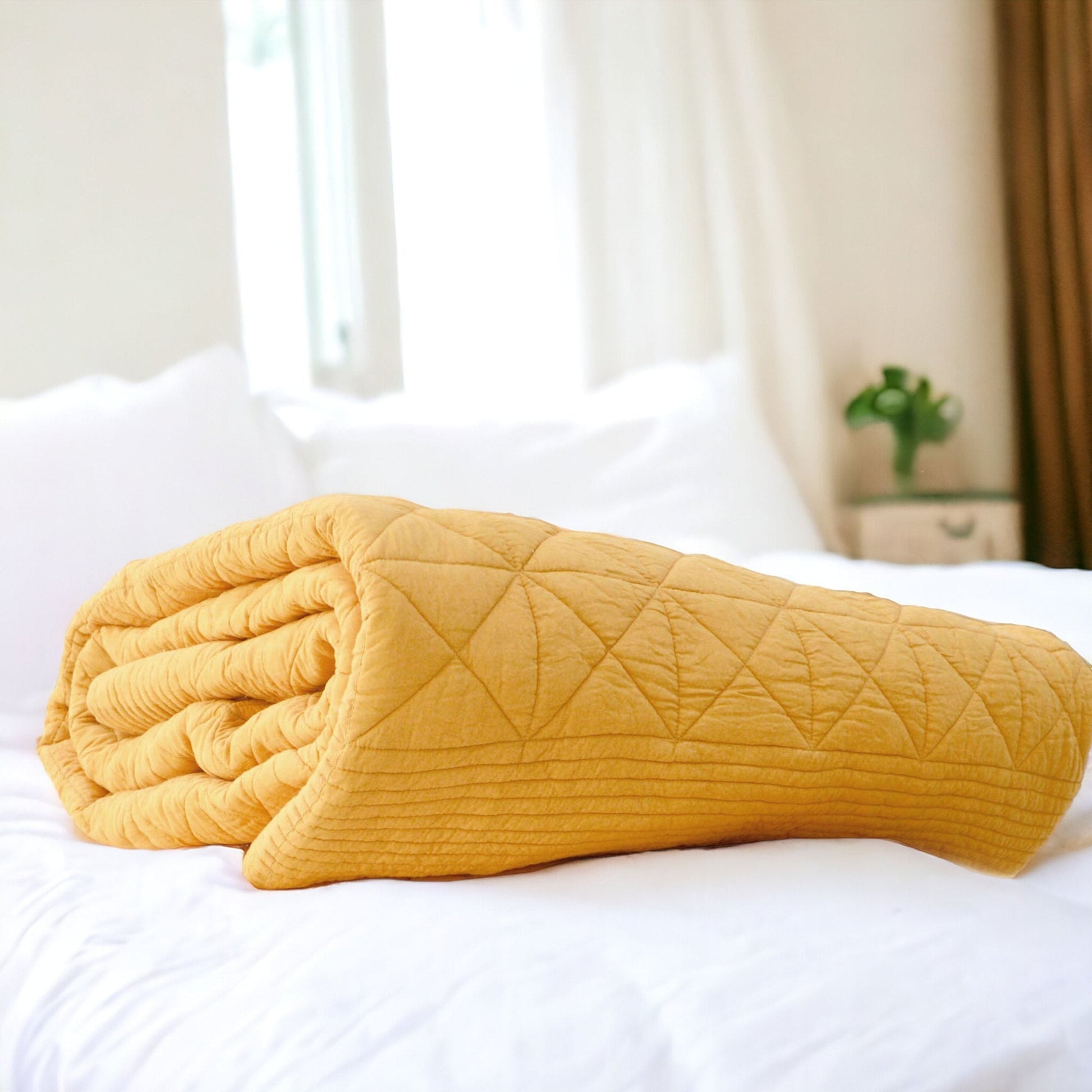 Premium Mustard Cotton Diamond Pattern Quilt Soft Bedspread