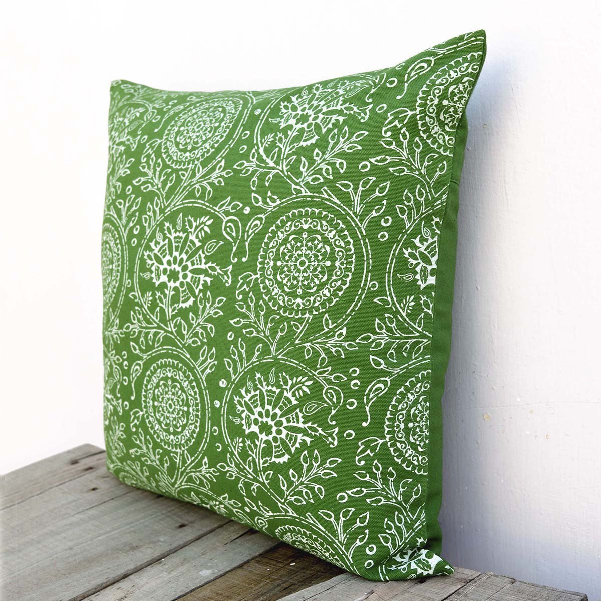 Green Kalamkari Print Throw Pillow Cover Tropical Cotton Duck