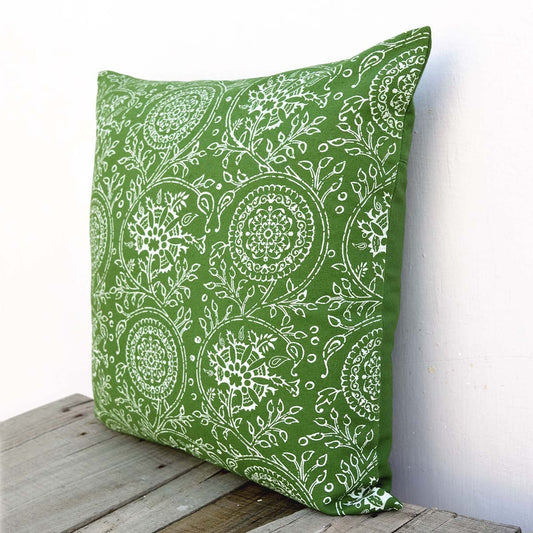 Green Kalamkari Print Throw Pillow Cover Tropical Cotton Duck