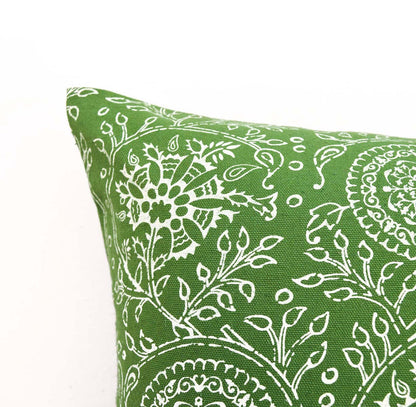 Green Kalamkari Print Throw Pillow Cover Tropical Cotton Duck