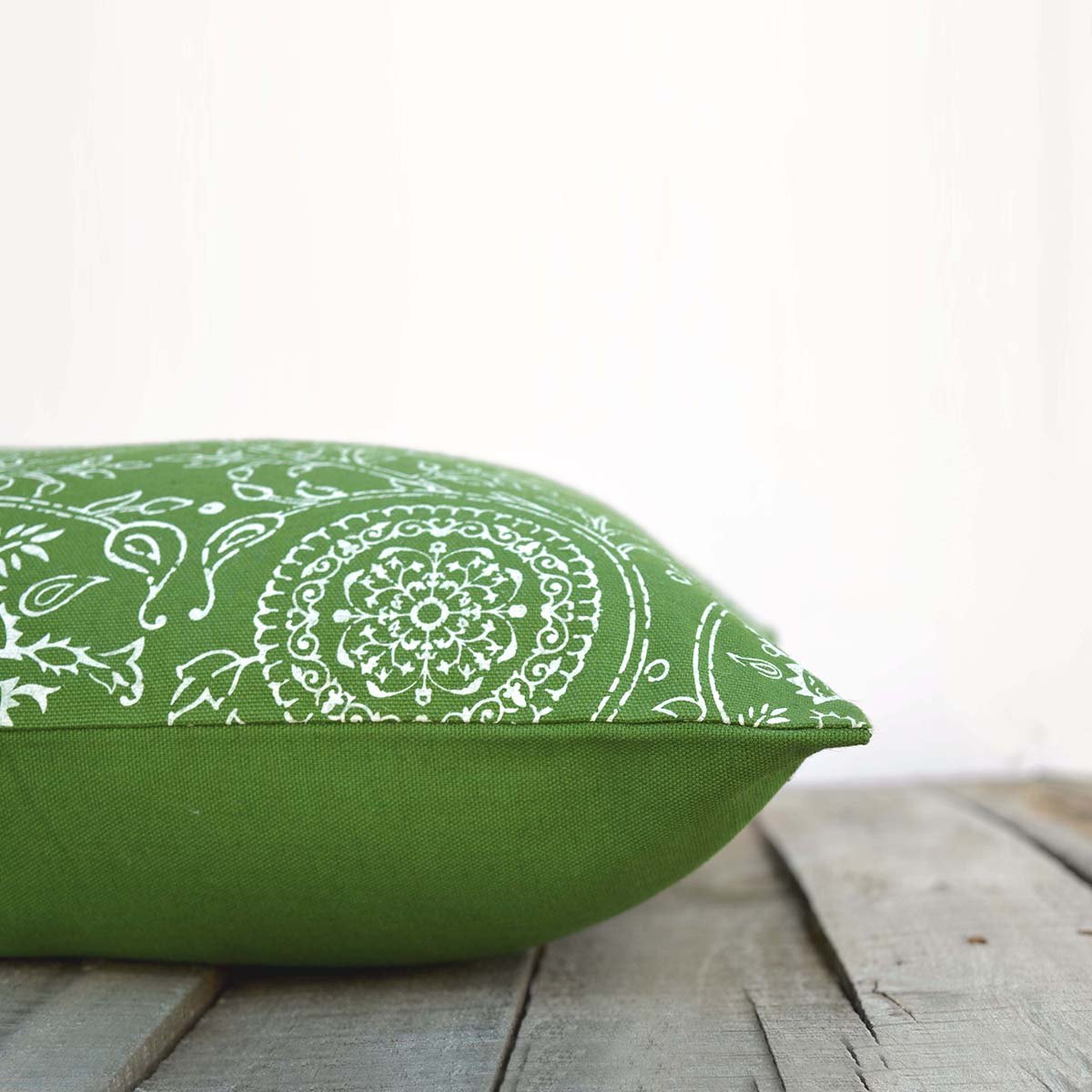Green Kalamkari Print Throw Pillow Cover Tropical Cotton Duck