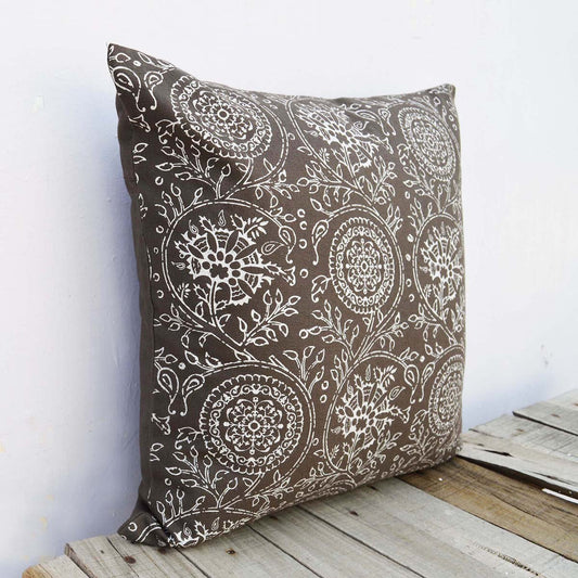 Elegant Brown Kalamkari Print Cotton Throw Pillow Cover – 24x24