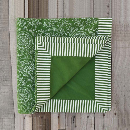 Green Cotton Table Cloth with Kalamkari Print and Stripe Border