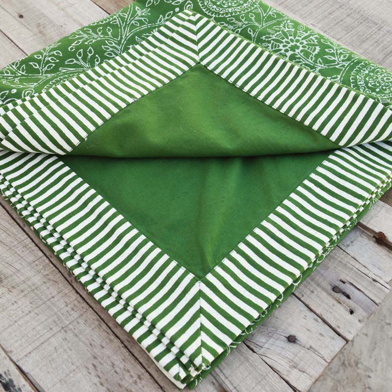 Green Cotton Table Cloth with Kalamkari Print and Stripe Border