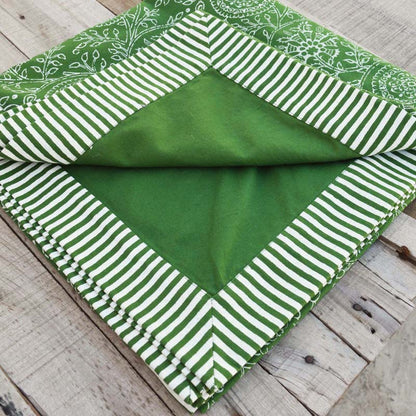 Green Cotton Table Cloth with Kalamkari Print and Stripe Border