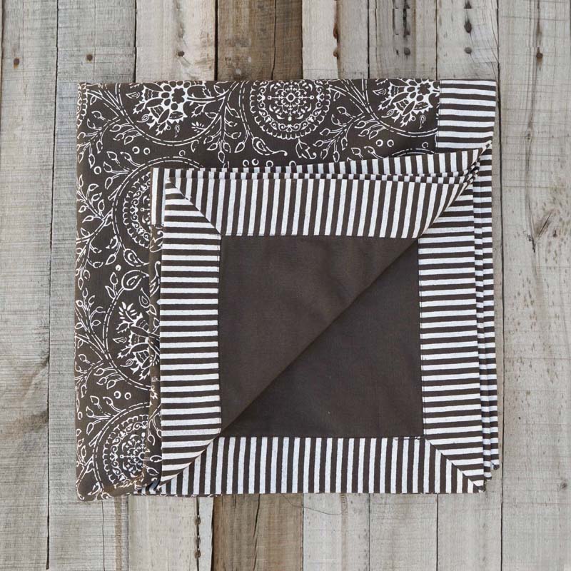 Handcrafted Brown Kalamkari Cotton Table Cloth with Stripe Border