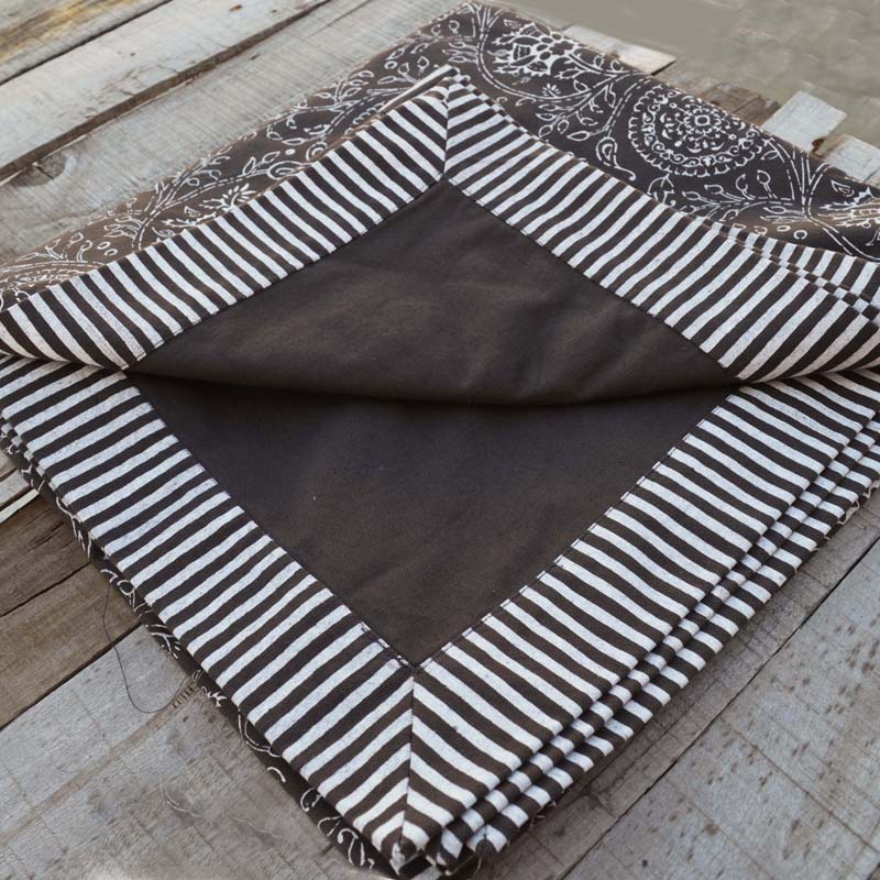 Handcrafted Brown Kalamkari Cotton Table Cloth with Stripe Border