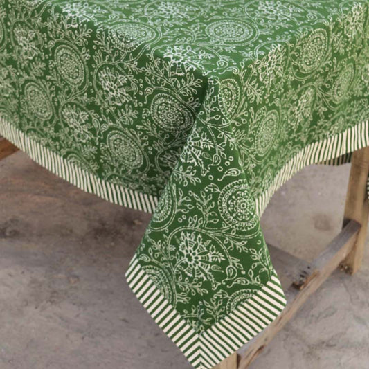 Green Cotton Table Cloth with Kalamkari Print and Stripe Border