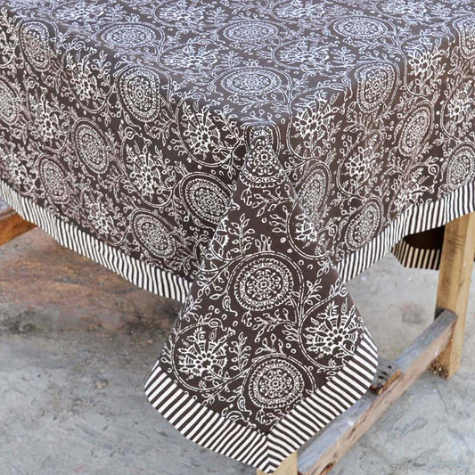 Handcrafted Brown Kalamkari Cotton Table Cloth with Stripe Border