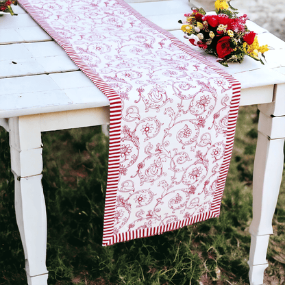 Elegant Red Swirl Table Runner with Victorian Stripe Border
