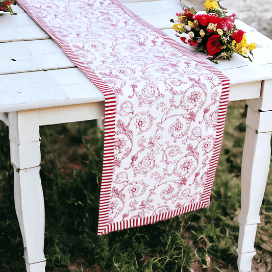 Elegant Red Swirl Table Runner with Victorian Stripe Border
