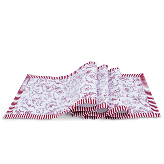 Elegant Red Swirl Table Runner with Victorian Stripe Border