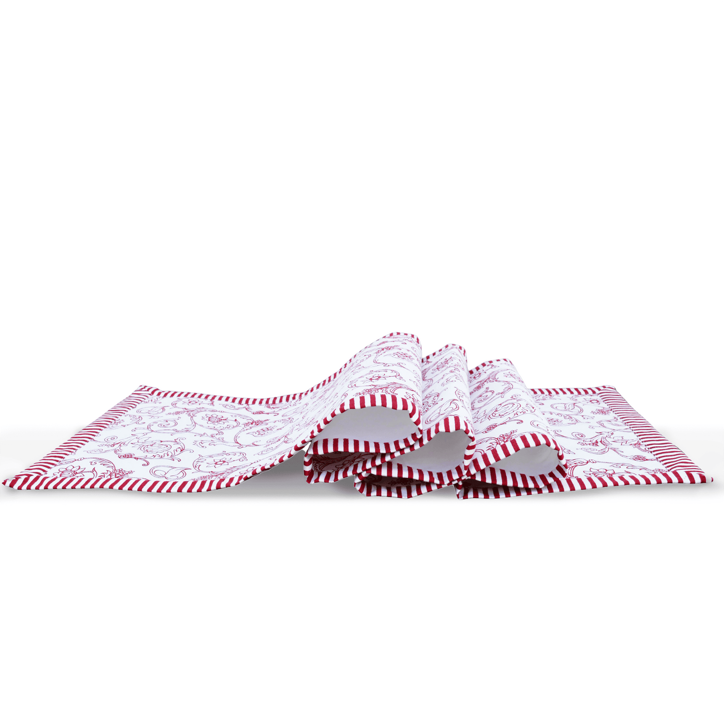 Elegant Red Swirl Table Runner with Victorian Stripe Border