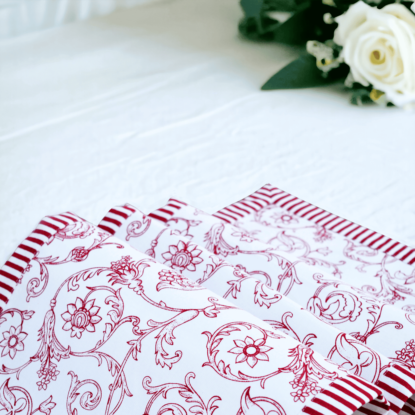 Elegant Red Swirl Table Runner with Victorian Stripe Border