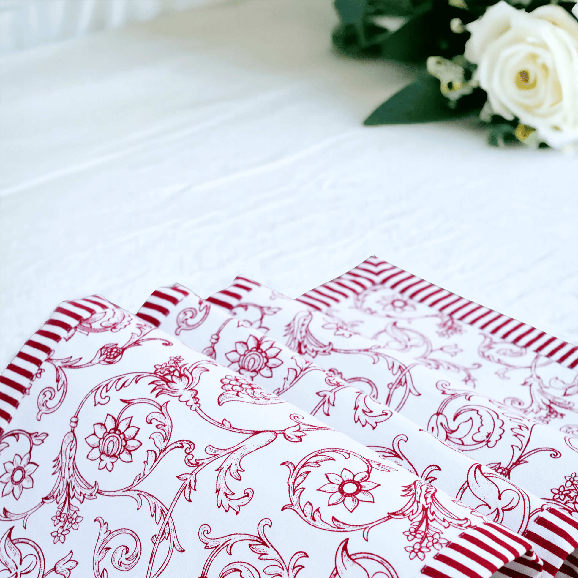 Elegant Red Swirl Table Runner with Victorian Stripe Border