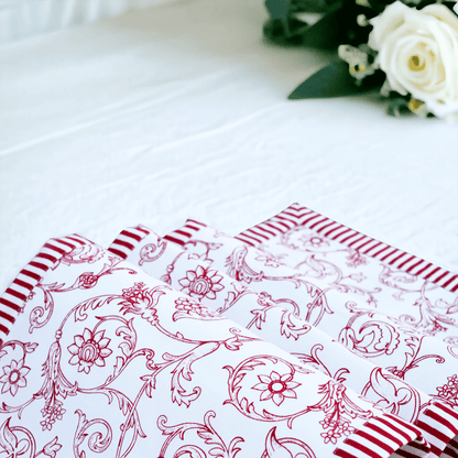 Elegant Red Swirl Table Runner with Victorian Stripe Border