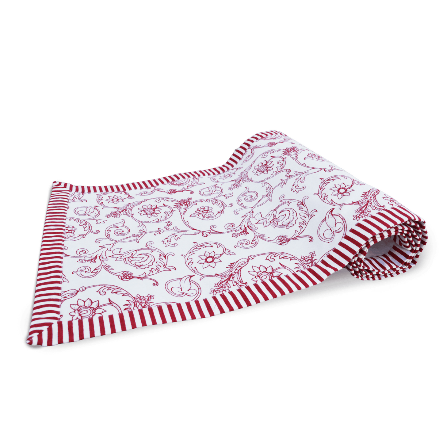 Elegant Red Swirl Table Runner with Victorian Stripe Border