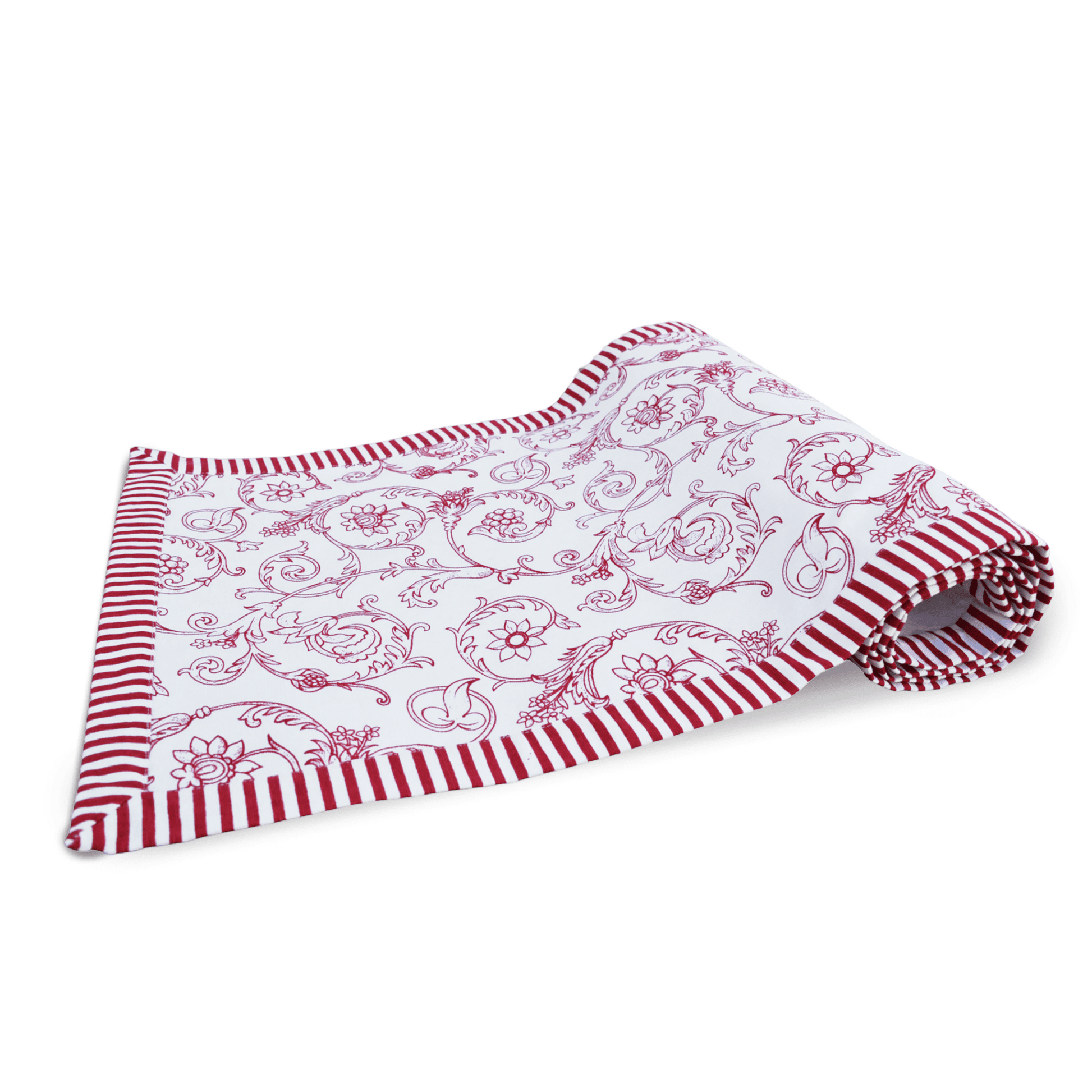 Elegant Red Swirl Table Runner with Victorian Stripe Border