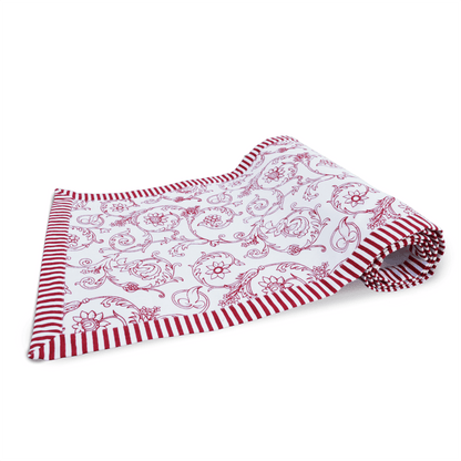 Elegant Red Swirl Table Runner with Victorian Stripe Border