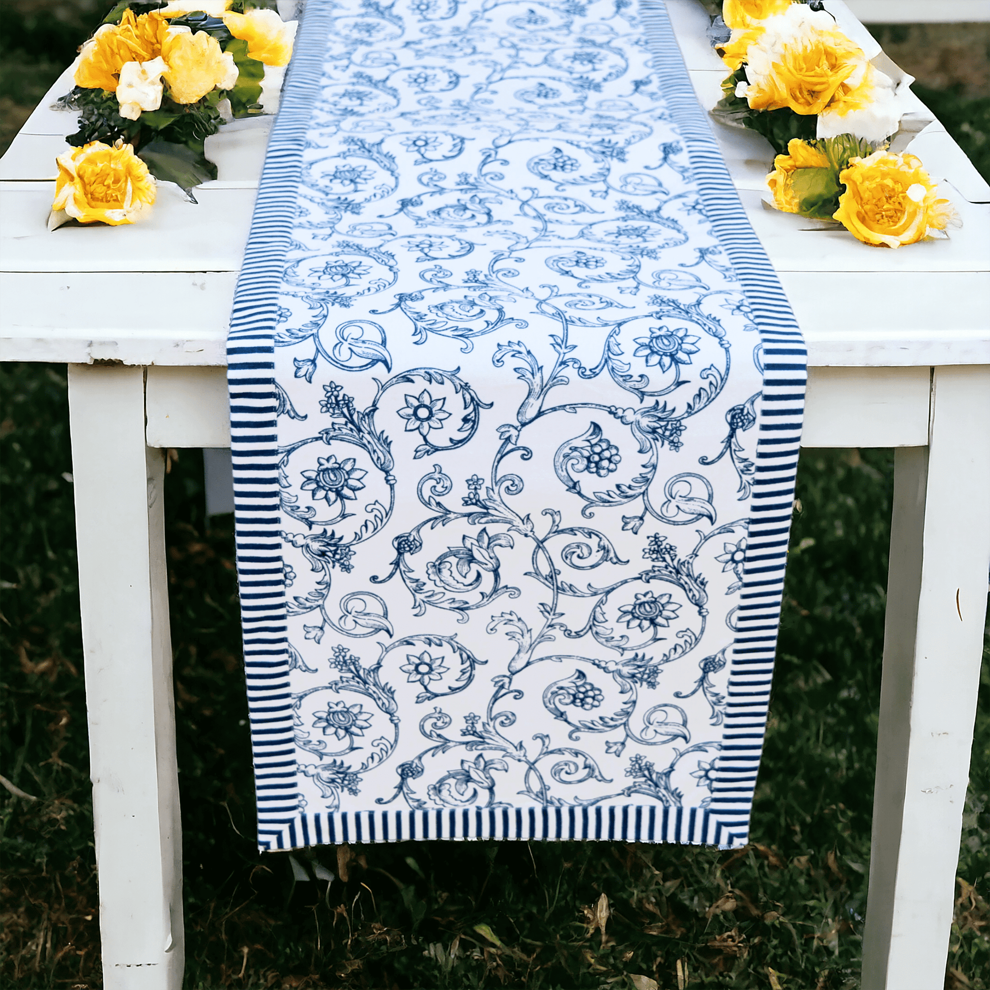 Blue Swirl Cotton Table Runner with Stripe Border – Victorian