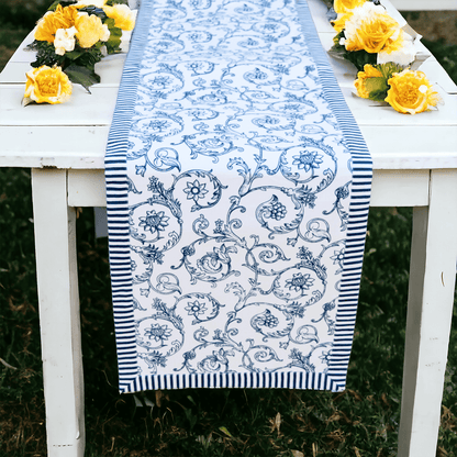 Blue Swirl Cotton Table Runner with Stripe Border – Victorian