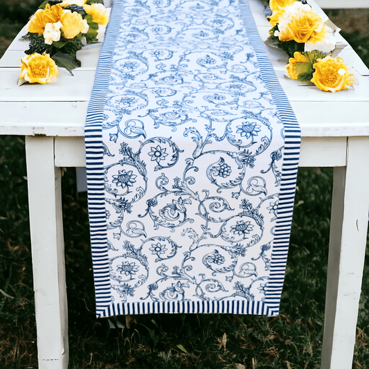 Blue Swirl Cotton Table Runner with Stripe Border – Victorian