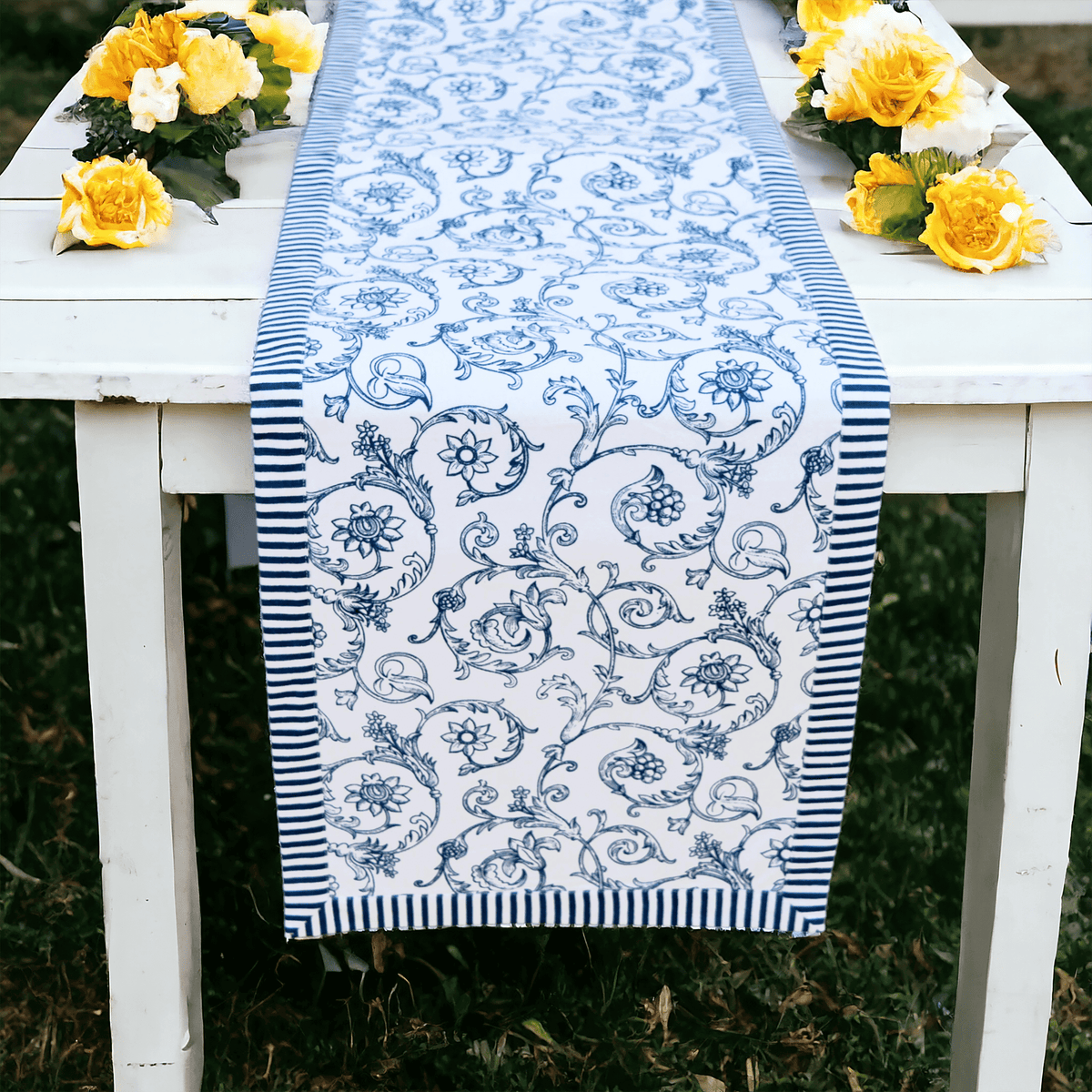 Swirl Blue Cotton Table Runner | Victorian Swirl Print | Stripe Border | 2 Sizes
