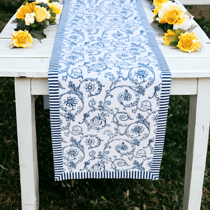 Swirl Blue Cotton Table Runner | Victorian Swirl Print | Stripe Border | 2 Sizes