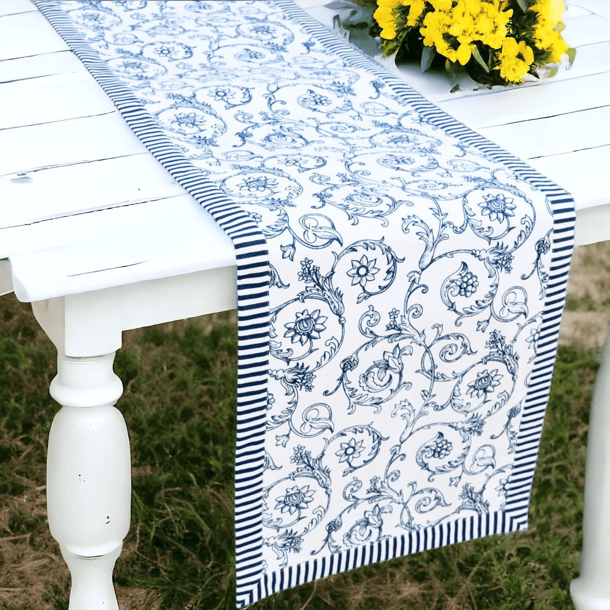 Swirl Blue Cotton Table Runner | Victorian Swirl Print | Stripe Border | 2 Sizes