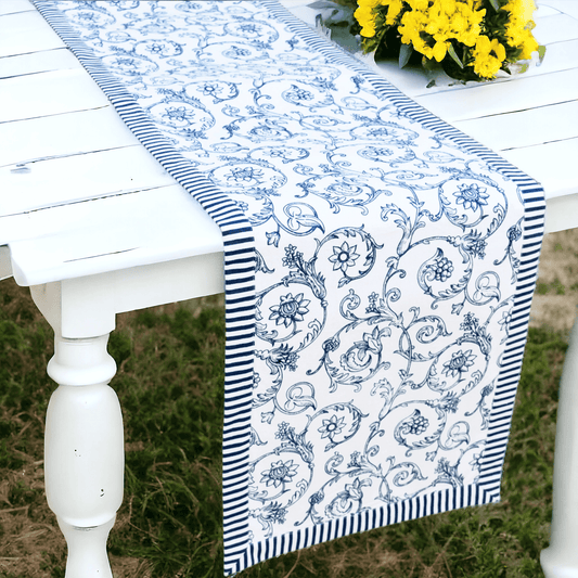 Swirl Blue Cotton Table Runner | Victorian Swirl Print | Stripe Border | 2 Sizes