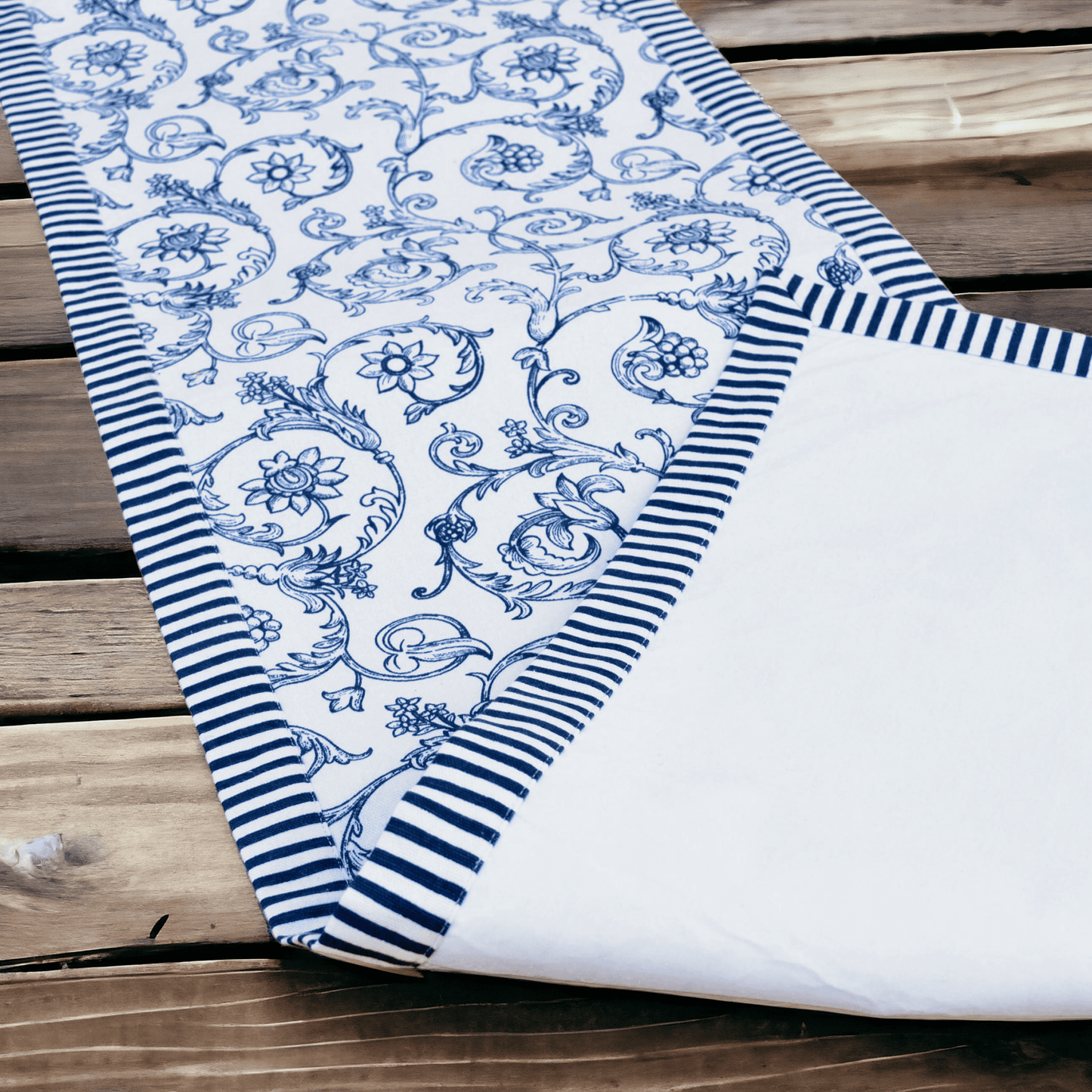 Blue Swirl Cotton Table Runner with Stripe Border – Victorian