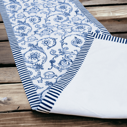 Blue Swirl Cotton Table Runner with Stripe Border – Victorian
