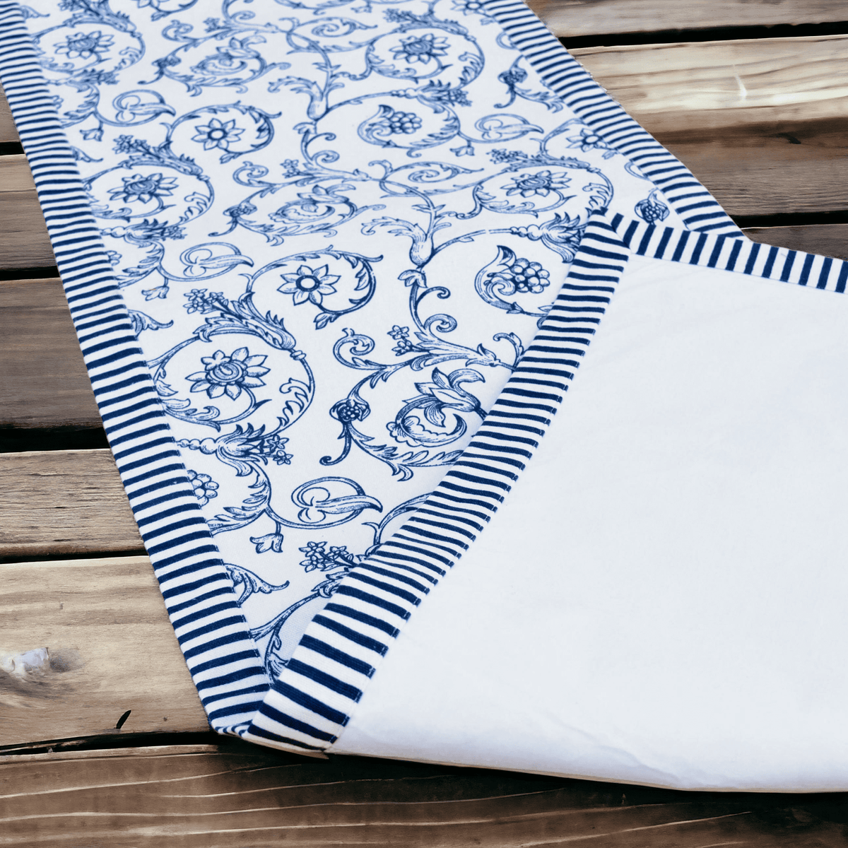 Swirl Blue Cotton Table Runner | Victorian Swirl Print | Stripe Border | 2 Sizes