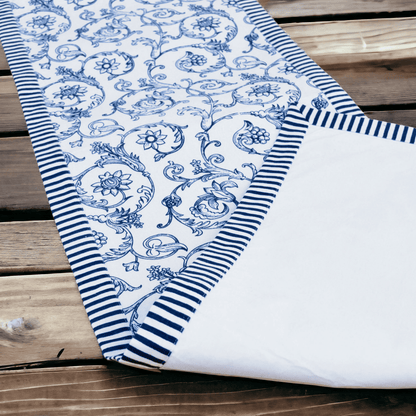 Swirl Blue Cotton Table Runner | Victorian Swirl Print | Stripe Border | 2 Sizes