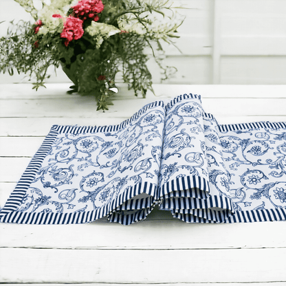 Blue Swirl Cotton Table Runner with Stripe Border – Victorian