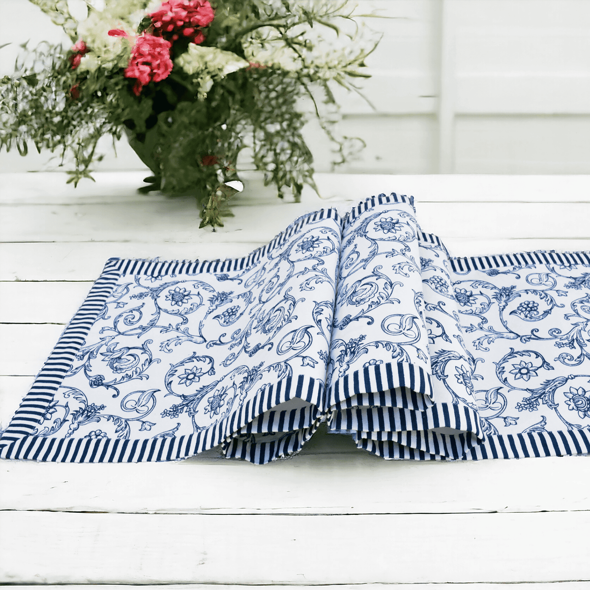 Swirl Blue Cotton Table Runner | Victorian Swirl Print | Stripe Border | 2 Sizes