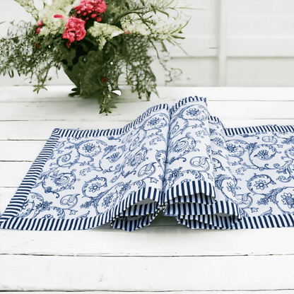 Swirl Blue Cotton Table Runner | Victorian Swirl Print | Stripe Border | 2 Sizes