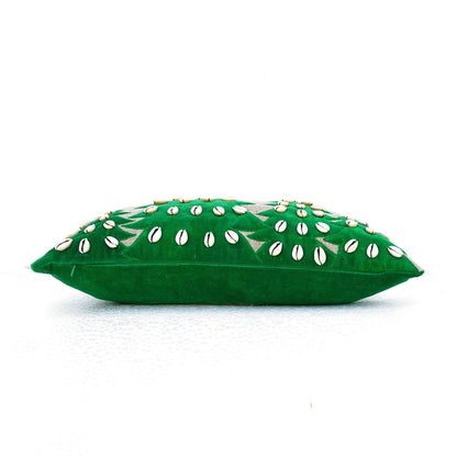 Festive Christmas Linen Pillow Cover with Velvet Tree Applique and Cowrie Shells