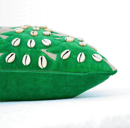 Festive Christmas Linen Pillow Cover with Velvet Tree Applique and Cowrie Shells