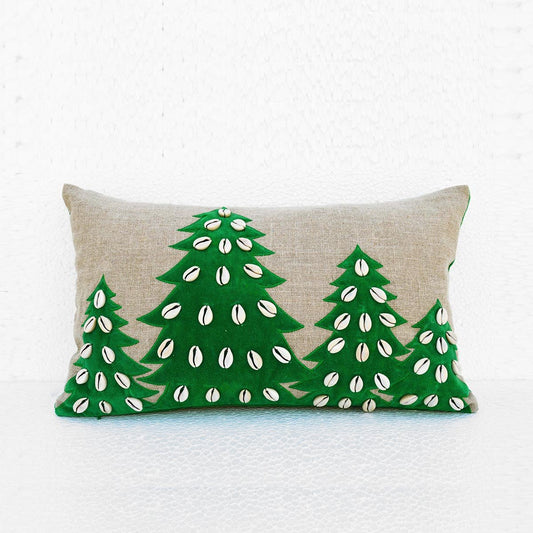 Festive Christmas Linen Pillow Cover with Velvet Tree Applique and Cowrie Shells