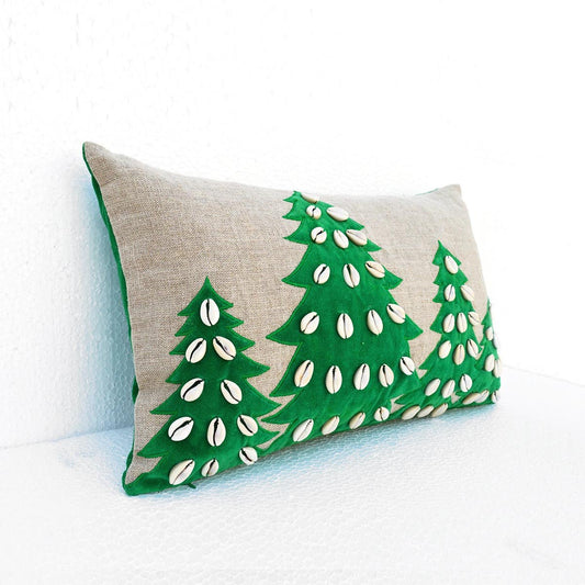 Festive Christmas Linen Pillow Cover with Velvet Tree Applique and Cowrie Shells