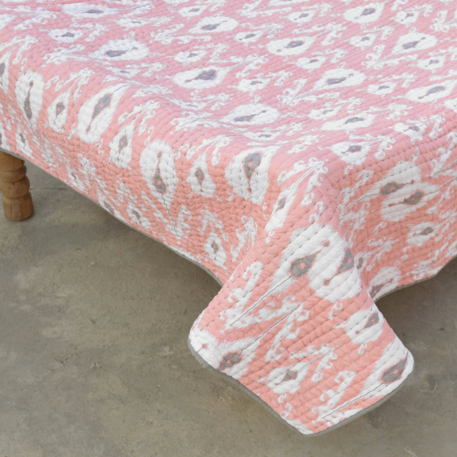 Coral Ikat Kantha Quilt – Chevron Stripe Pattern Twin Queen King
