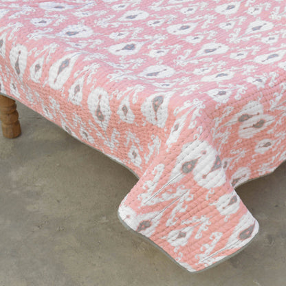 Coral Ikat Kantha Quilt – Chevron Stripe Pattern Twin Queen King