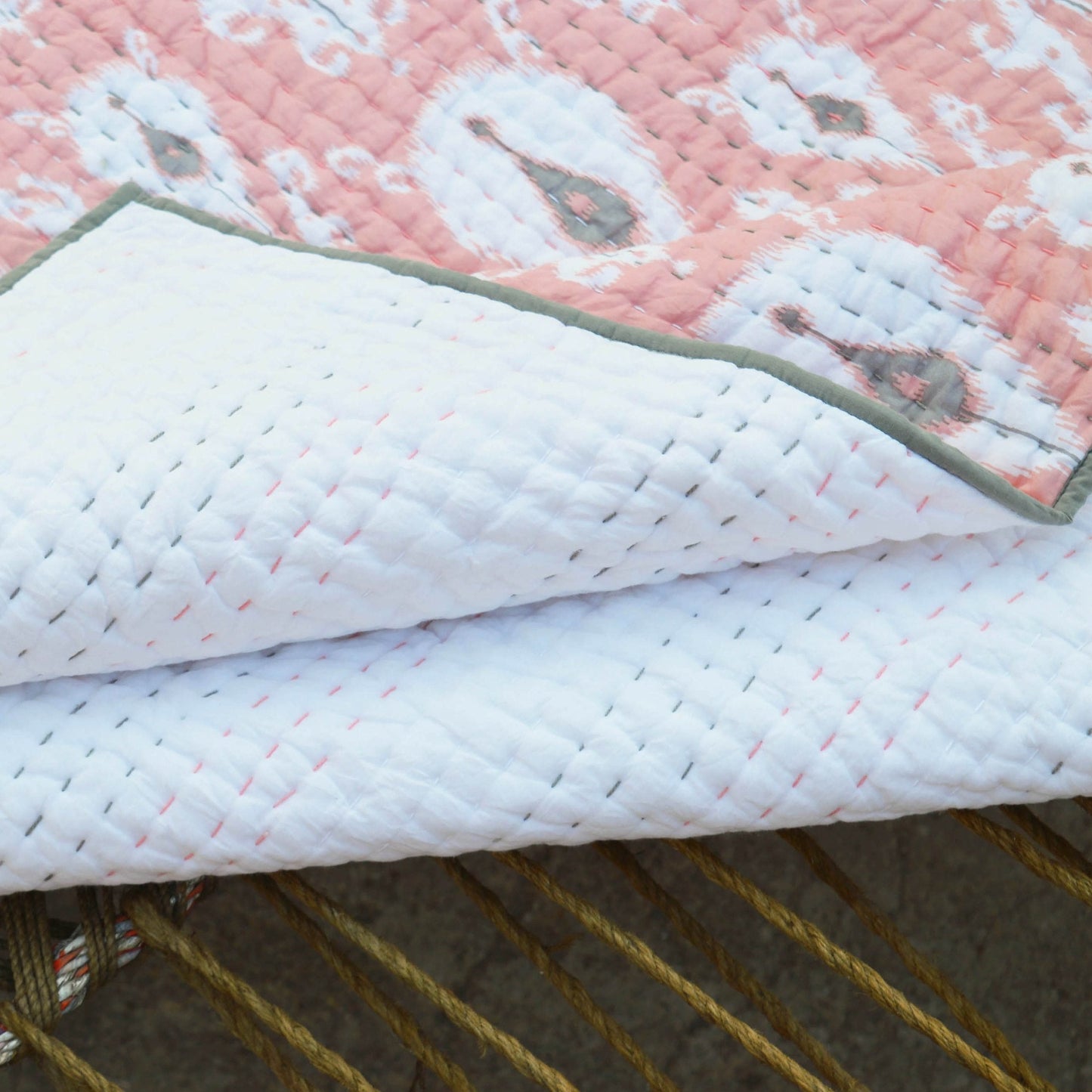 Coral Ikat Kantha Quilt – Chevron Stripe Pattern Twin Queen King