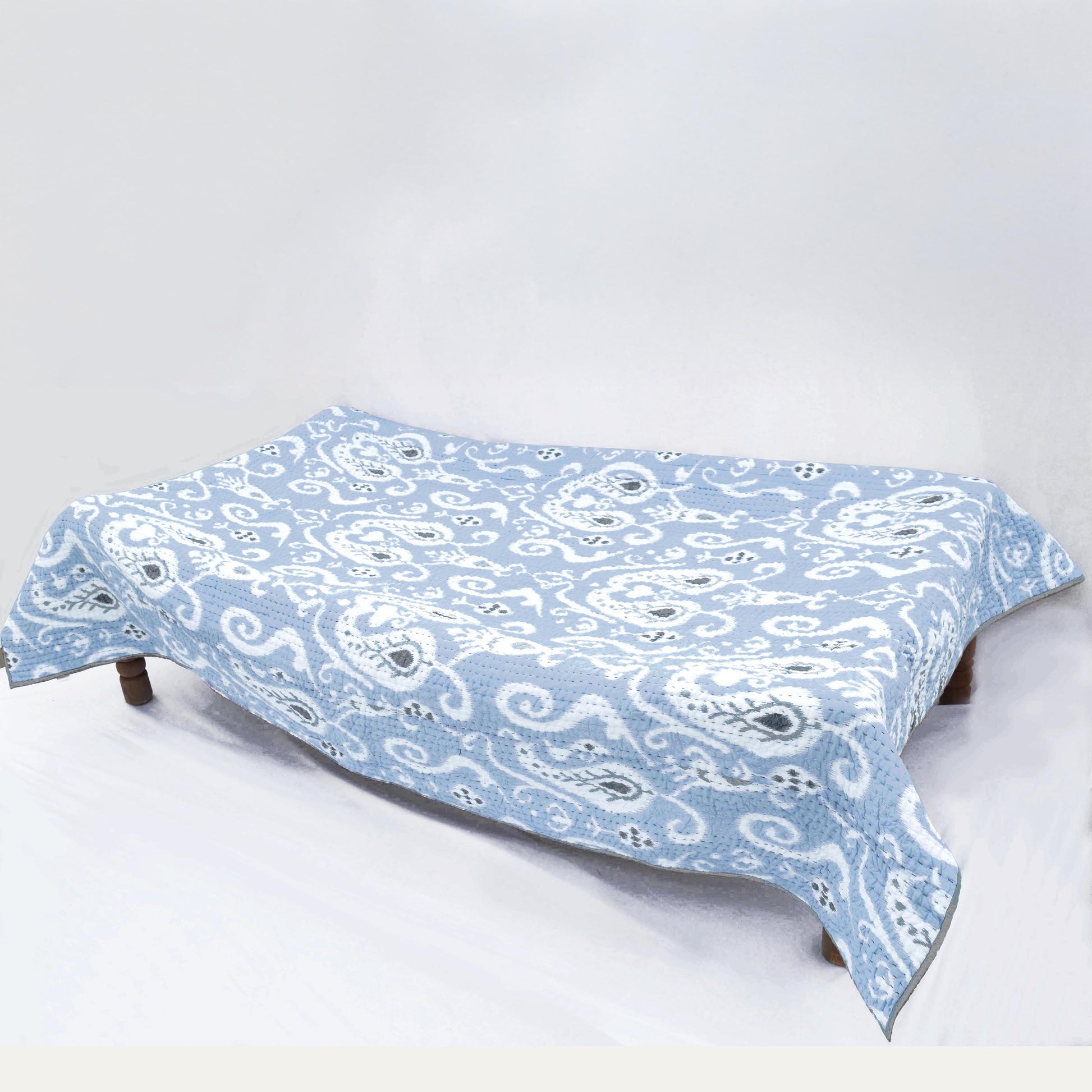 Blue Ikat Kantha Quilt with Stripe Pattern – Twin Queen King